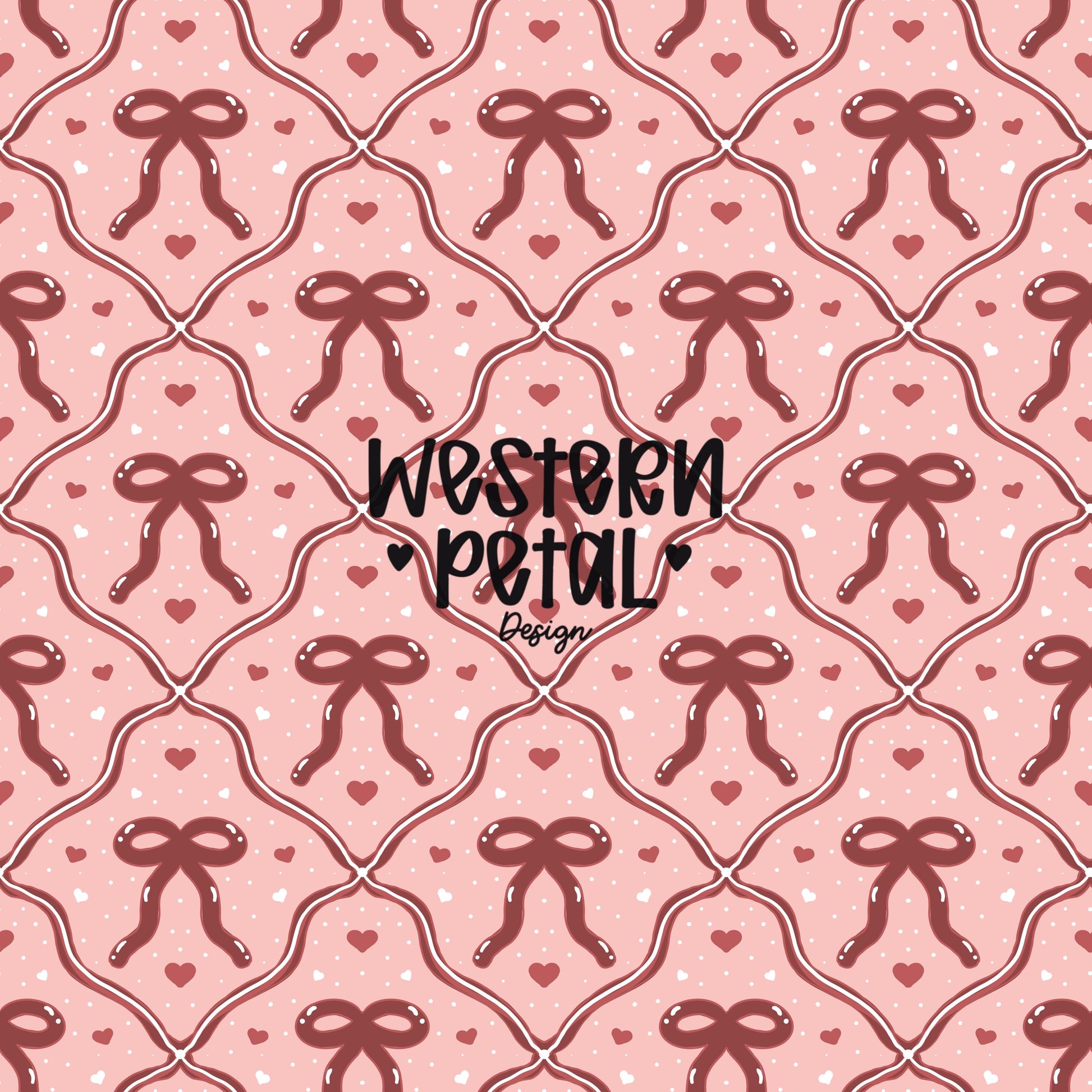 Hand drawn pink bow seamless pattern with hearts on a soft blush background, repeating ribbon design digital paper