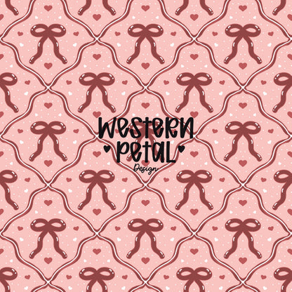 Hand drawn pink bow seamless pattern with hearts on a soft blush background, repeating ribbon design digital paper