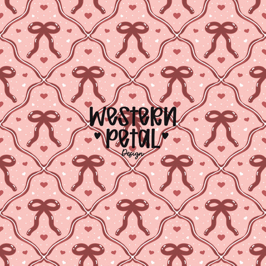 Hand drawn pink bow seamless pattern with hearts on a soft blush background, repeating ribbon design digital paper