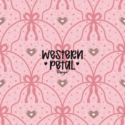 Hand drawn pink bow lattice seamless pattern with small hearts on a blush background, romantic Valentine digital paper