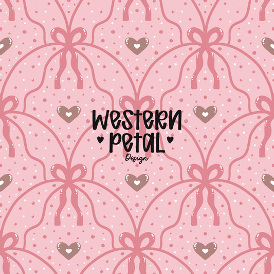 Hand drawn pink bow lattice seamless pattern with small hearts on a blush background, romantic Valentine digital paper