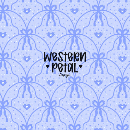 Hand drawn blue bow lattice seamless pattern with small hearts on a soft blue background, vintage style digital paper