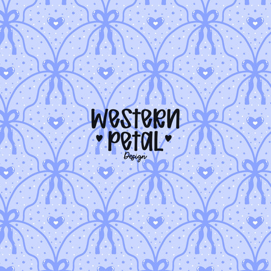 Hand drawn blue bow lattice seamless pattern with small hearts on a soft blue background, vintage style digital paper