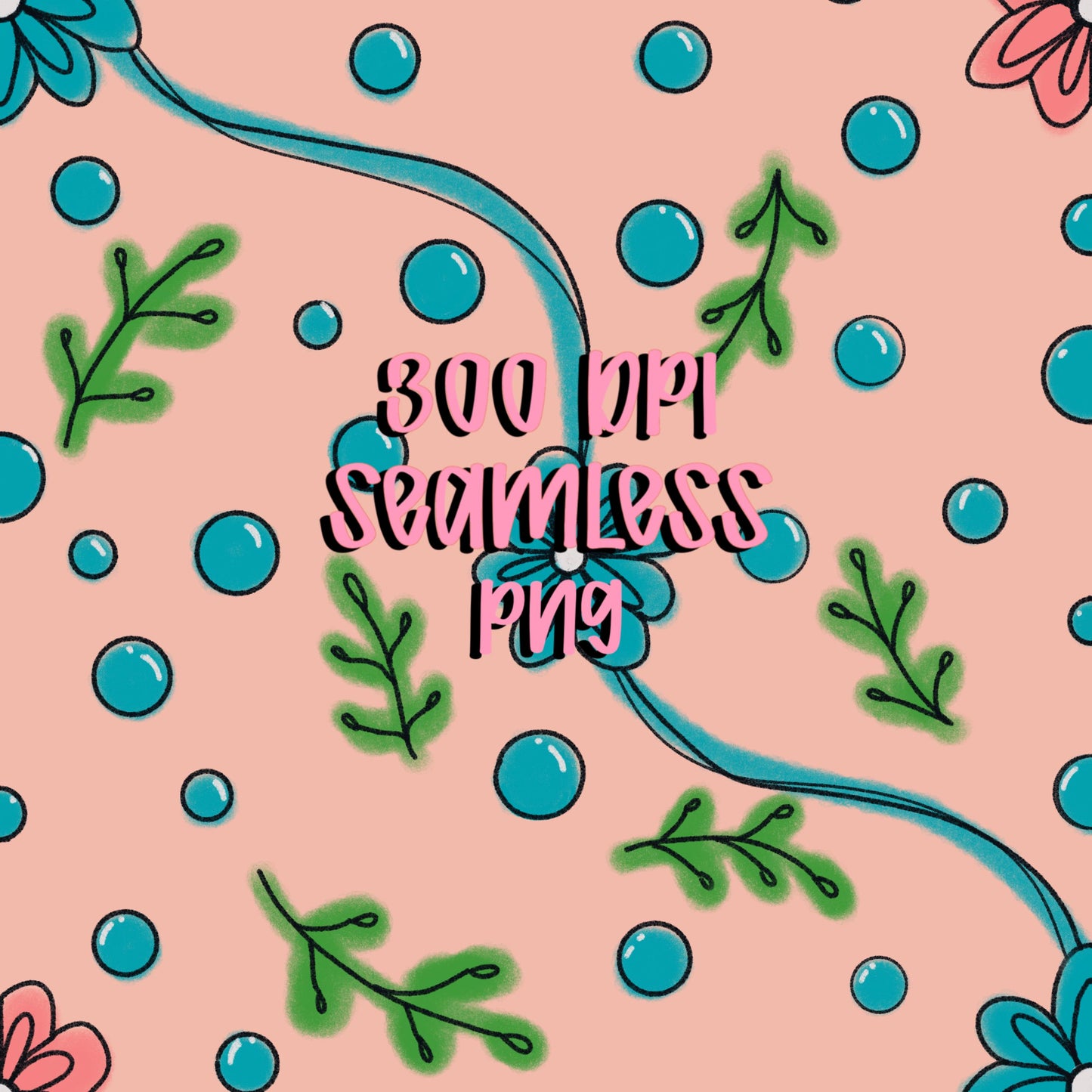 Hand drawn floral vine seamless pattern with teal flowers, green leaves, and dots on a blush pink background, boho botanical digital paper