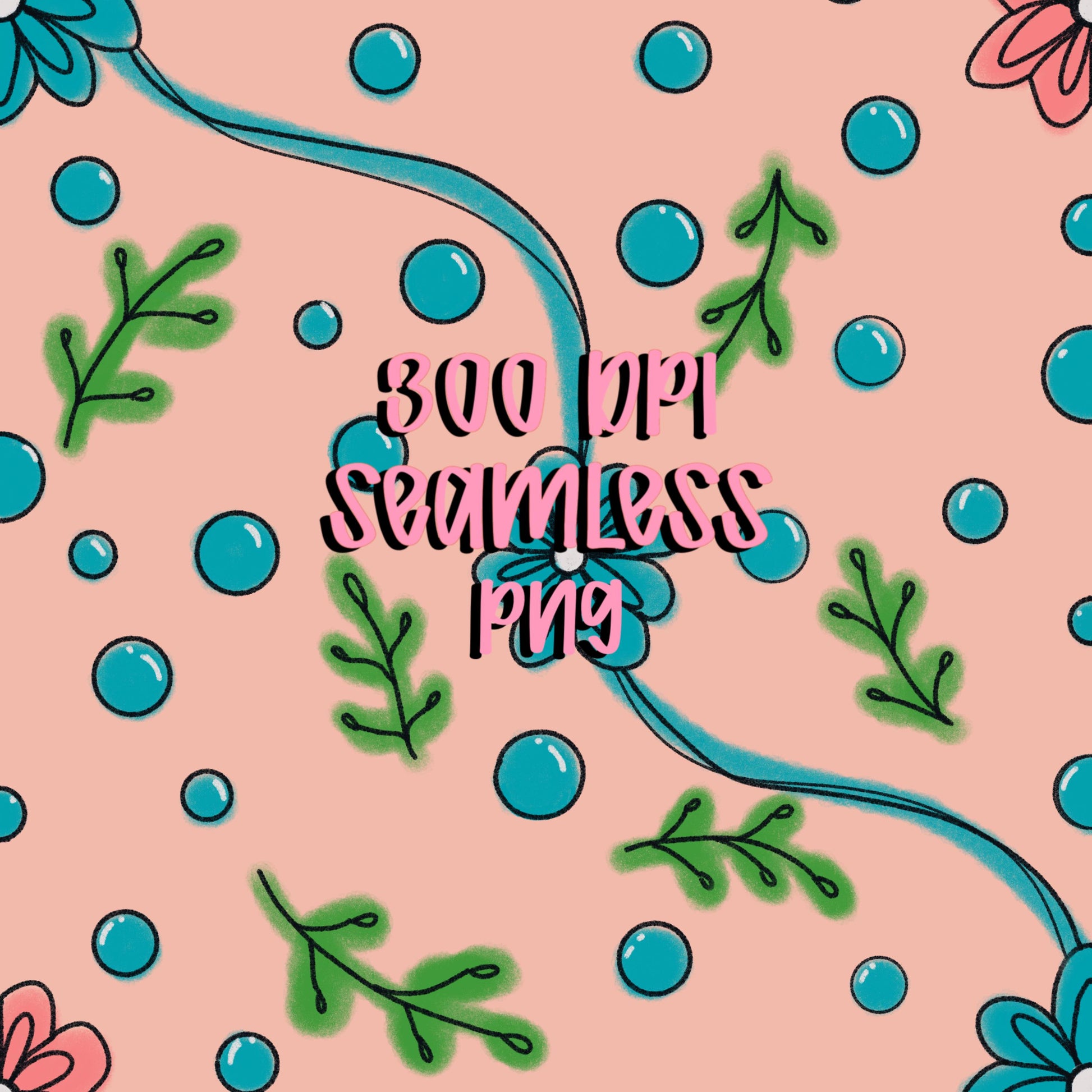 Hand drawn floral vine seamless pattern with teal flowers, green leaves, and dots on a blush pink background, boho botanical digital paper