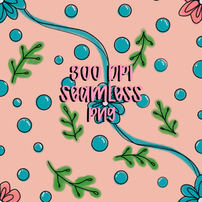 Hand drawn floral vine seamless pattern with teal flowers, green leaves, and dots on a blush pink background, boho botanical digital paper