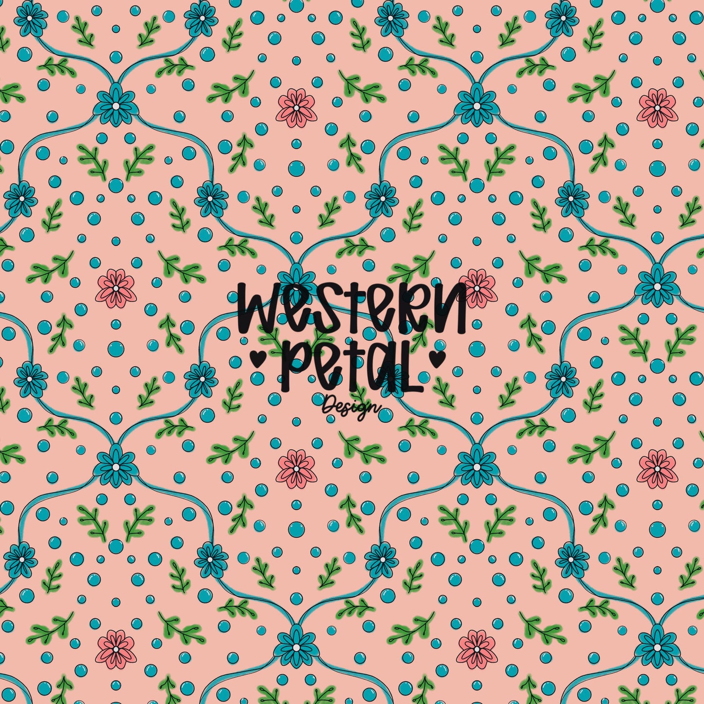 Hand Drawn Floral Vine Seamless Pattern, Pink Teal Botanical Digital Paper (12x12 File)