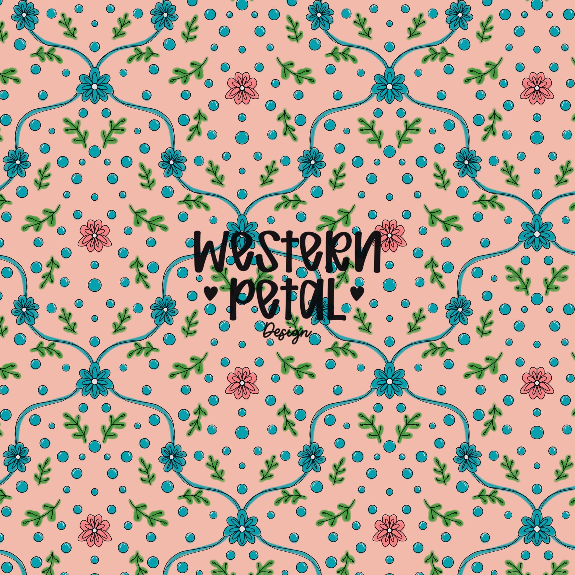 Hand Drawn Floral Vine Seamless Pattern, Pink Teal Botanical Digital Paper (12x12 File)