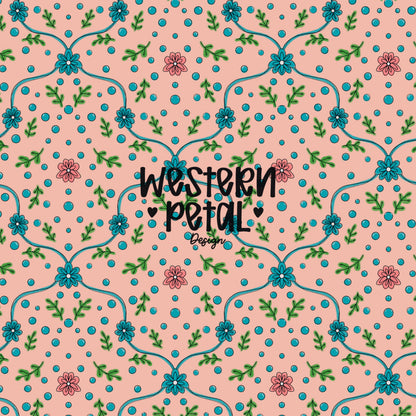 Hand Drawn Floral Vine Seamless Pattern, Pink Teal Botanical Digital Paper (12x12 File)