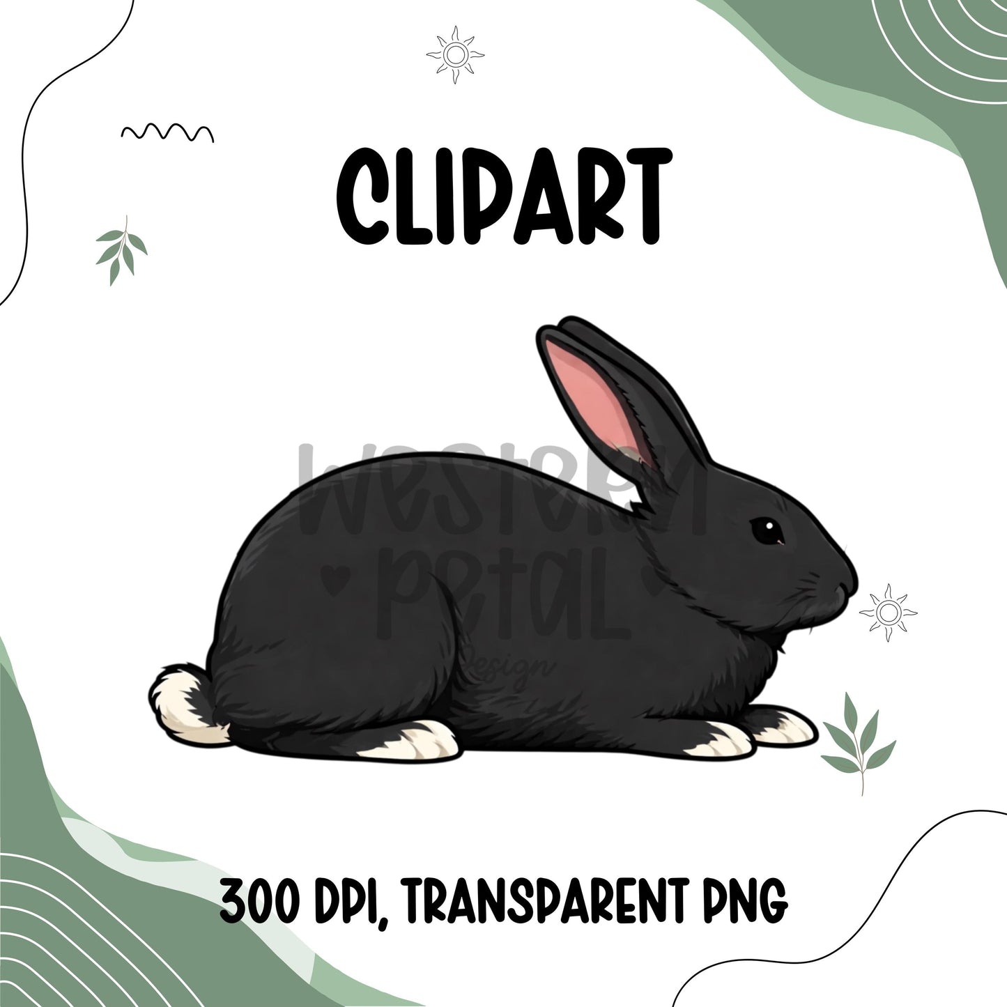 Black show rabbit clipart with white markings, farm animal bunny illustration on transparent background, high resolution PNG for 4H and farm designs