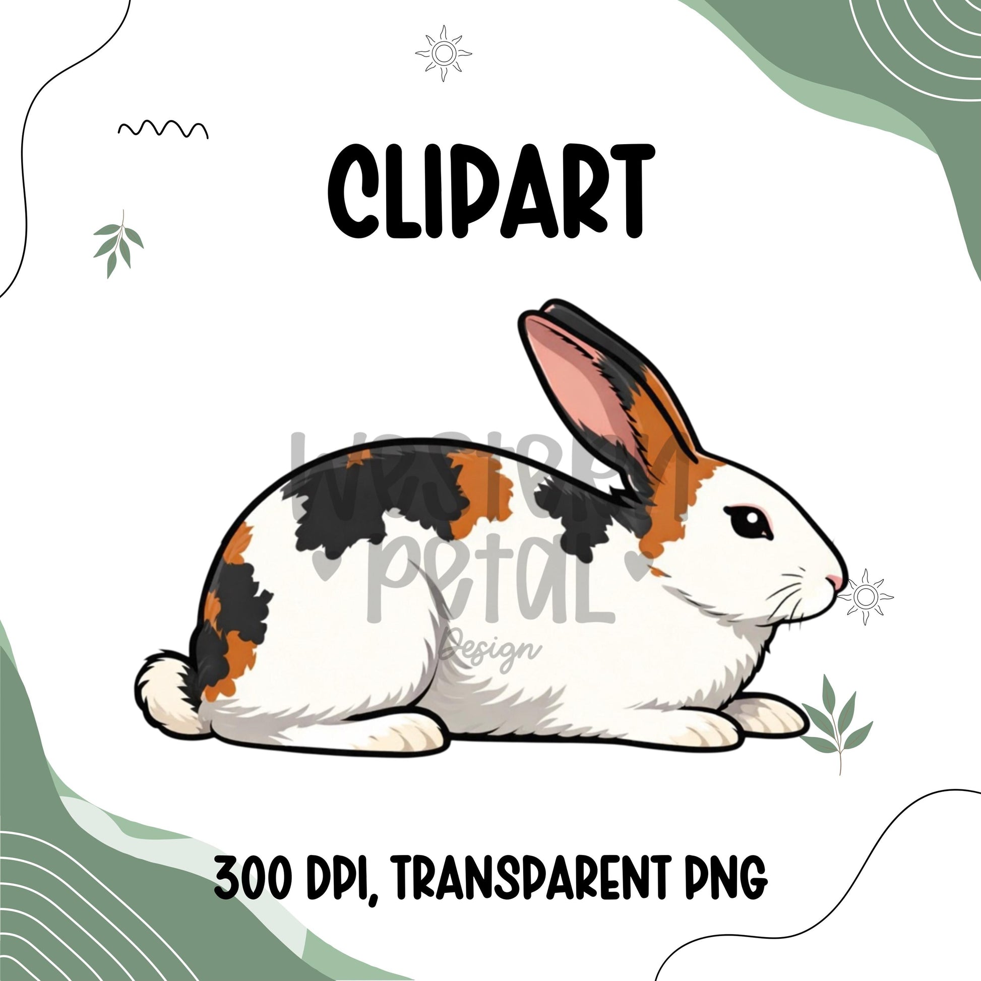 white spotted show rabbit clipart, farm animal bunny illustration with white markings, transparent PNG