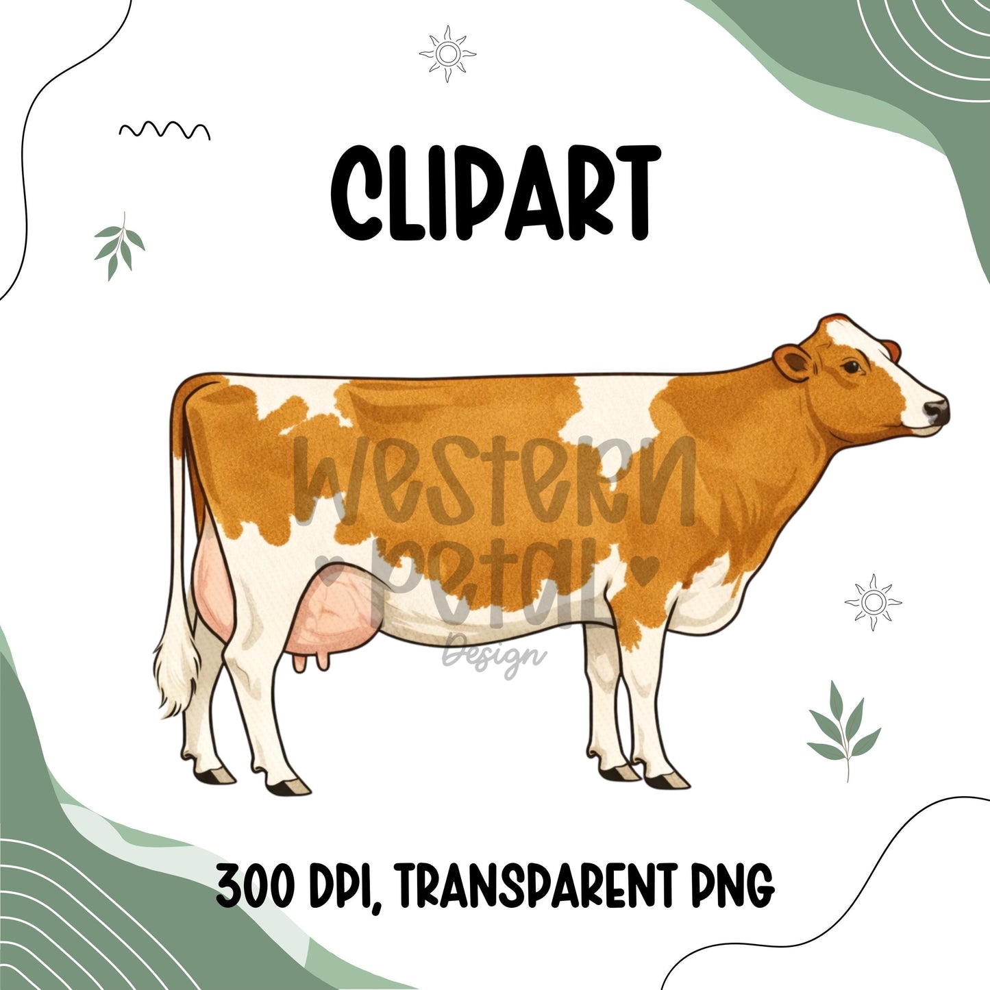 Dairy Cow Clipart Bundle, Farm Animal PNG Graphics (300 DPI Transparent)