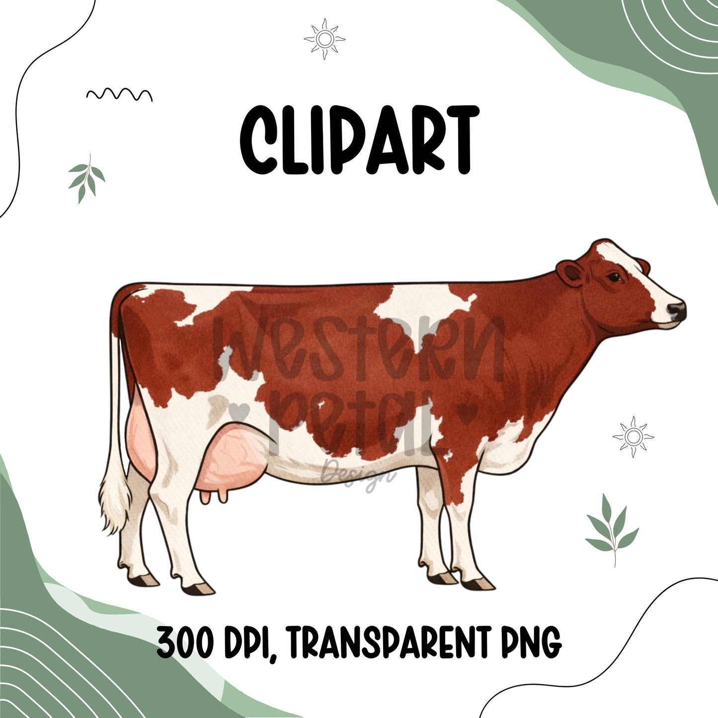 Dairy Cow Clipart Bundle, Farm Animal PNG Graphics (300 DPI Transparent)