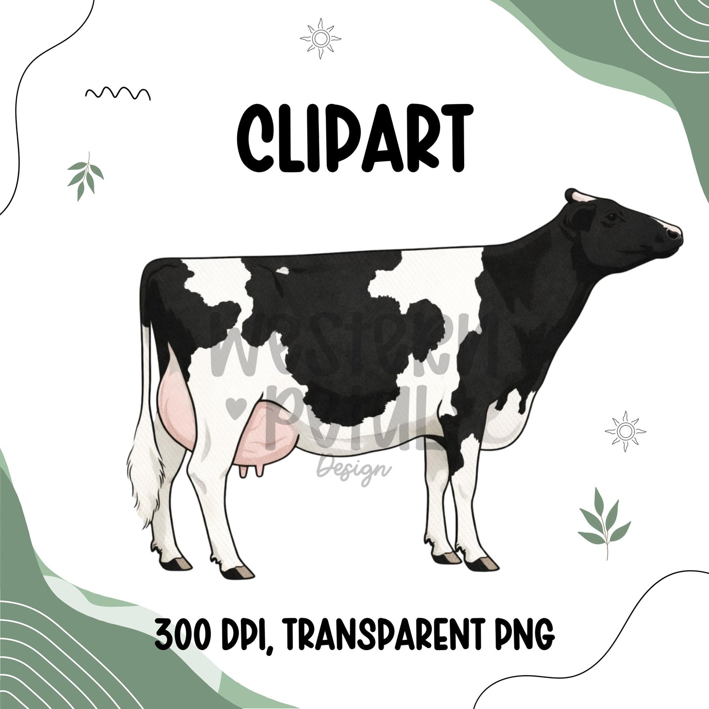 Dairy cow clipart featuring a hand-drawn milking cow illustration with udder, farm animal livestock PNG on transparent background for 4H and agricultural designs