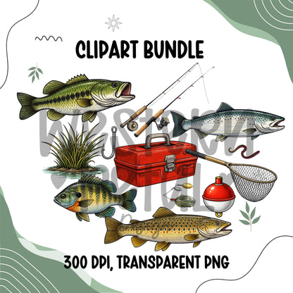 Fishing clipart bundle featuring fish illustrations and fishing gear including rods, tackle box, net, bobber, and lures, outdoor angler PNG graphics on transparent background
