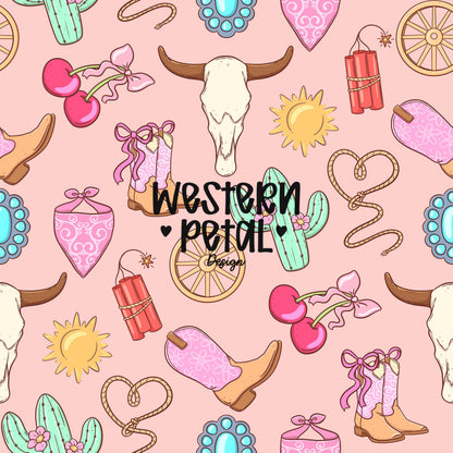 Pink Cowgirl Seamless Pattern, Western Digital Paper, Turquoise Cow Skull, Boots, Cacti, Rope Hearts, Wheels, Sublimation, Scrapbooking