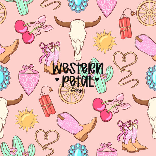 Pink Cowgirl Seamless Pattern, Western Digital Paper, Turquoise Cow Skull, Boots, Cacti, Rope Hearts, Wheels, Sublimation, Scrapbooking