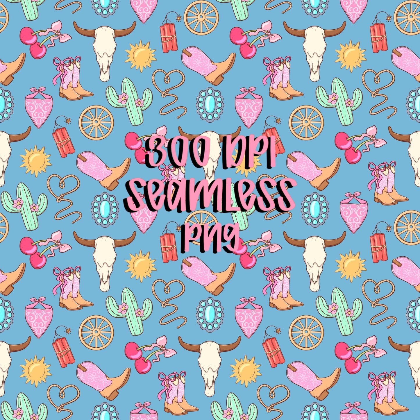 Cowgirl Icon Seamless Pattern | Pink Turquoise Western PNG (Digital Download)