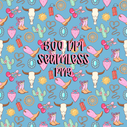 Cowgirl Icon Seamless Pattern | Pink Turquoise Western PNG (Digital Download)