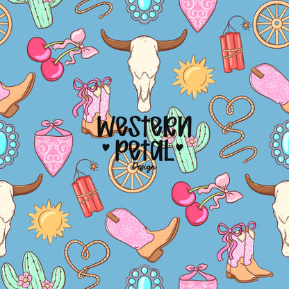 Cowgirl Icon Seamless Pattern | Pink Turquoise Western PNG (Digital Download)