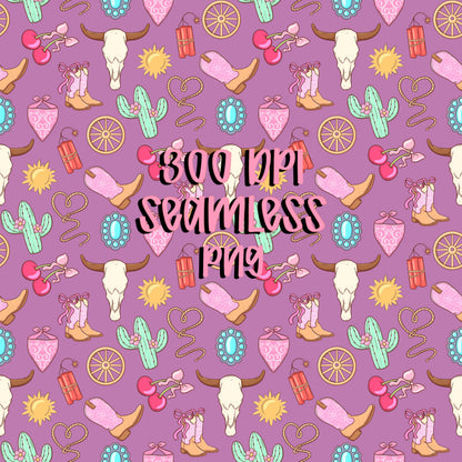 Cowgirl Icon Seamless Pattern | Pink Turquoise Western Design (PNG Digital Download)