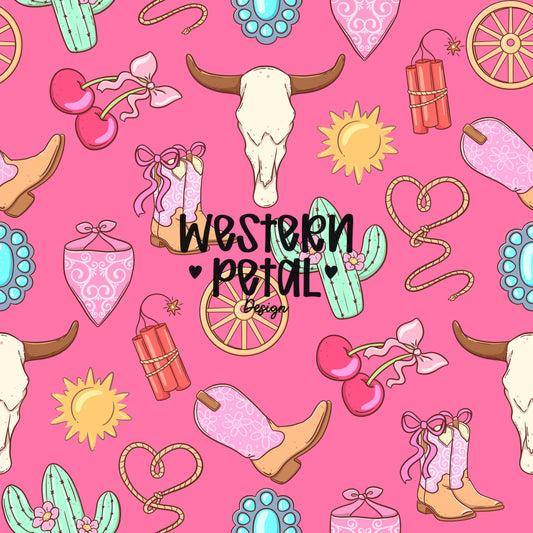 Cowgirl Icon Seamless Pattern | Pink Turquoise Western PNG for Fabric, Sublimation, Scrapbooking, Party Decor, Digital Paper