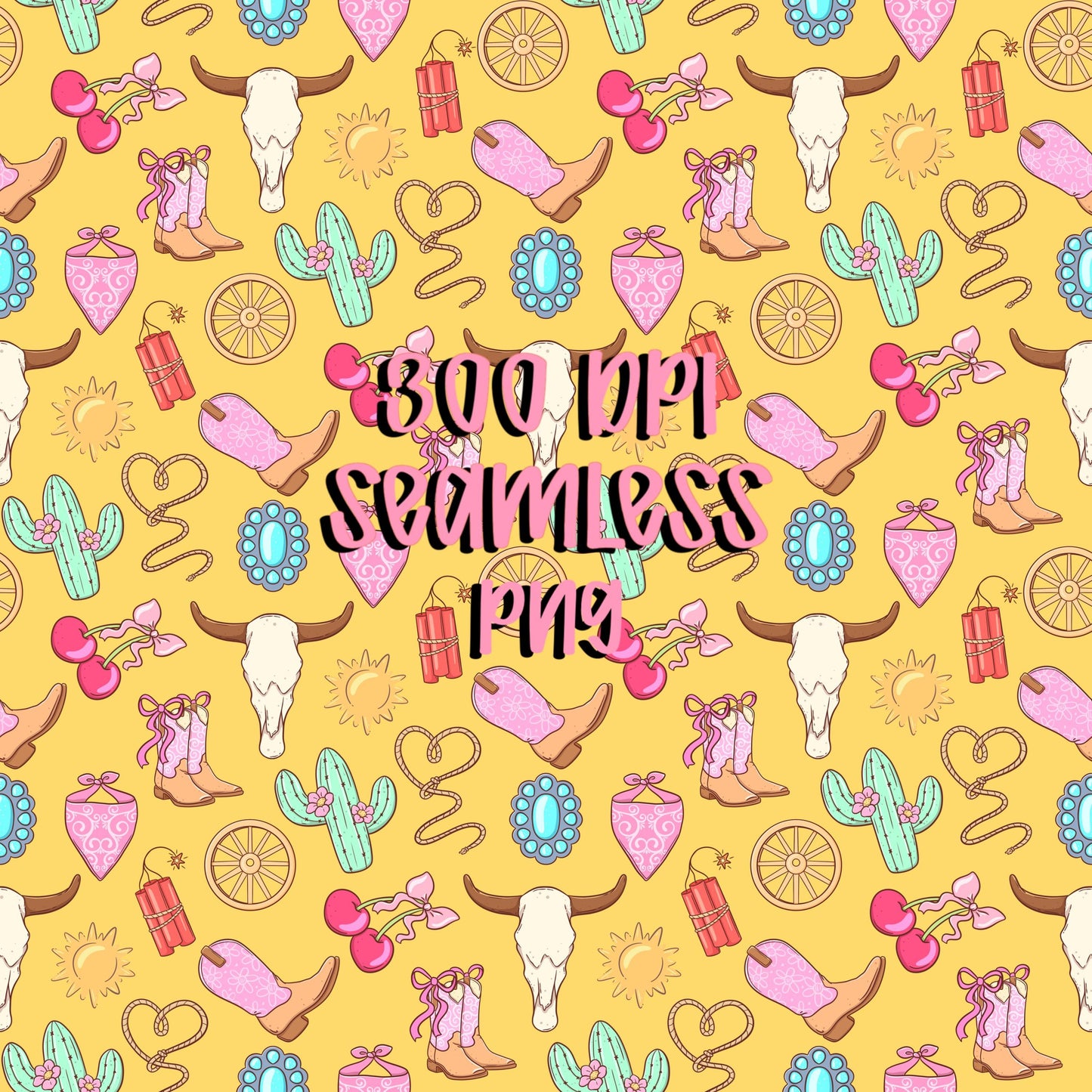 Cowgirl Icon Seamless Pattern | Pink Turquoise Western Design (PNG Digital Download)