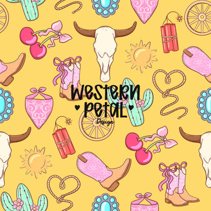 Cowgirl Icon Seamless Pattern | Pink Turquoise Western Design (PNG Digital Download)