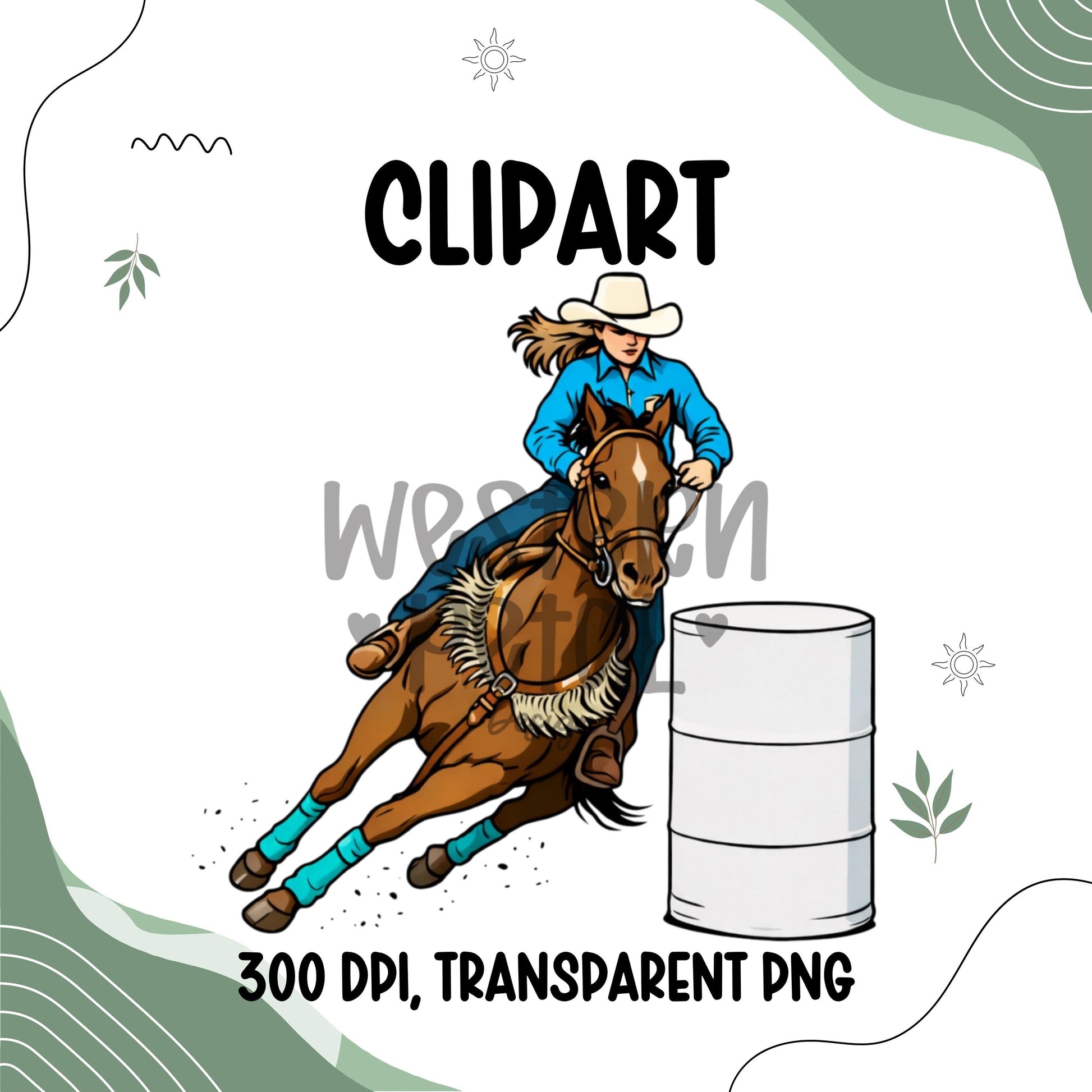 Barrel racing clipart PNG showing cowgirl riding horse around barrel in western rodeo competition style