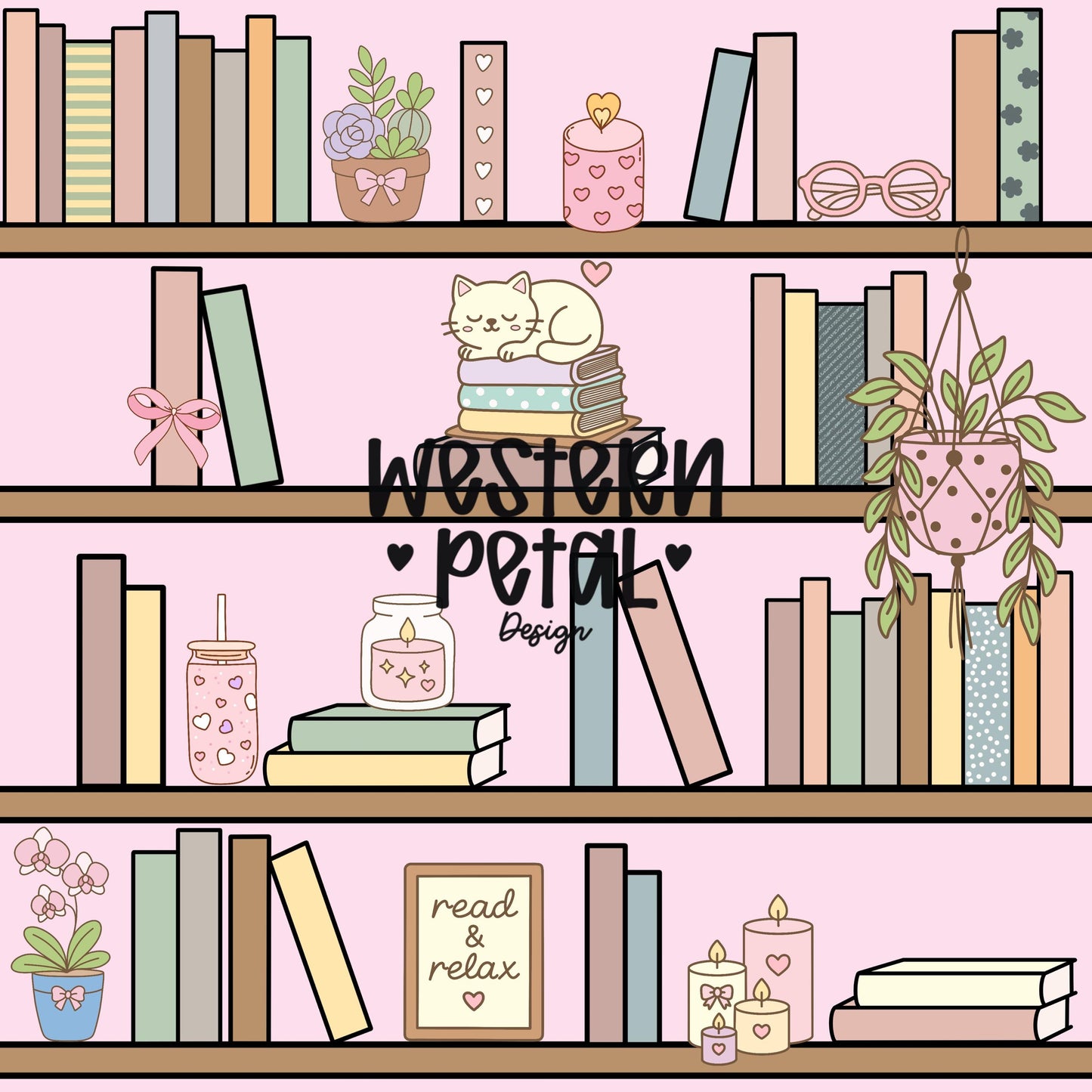 Pink Bookshelf Seamless Pattern PNG, Cozy Bookish Cat Digital Paper, Library Reading Pattern, Pastel Plant Books Design, 12x12 Sublimation