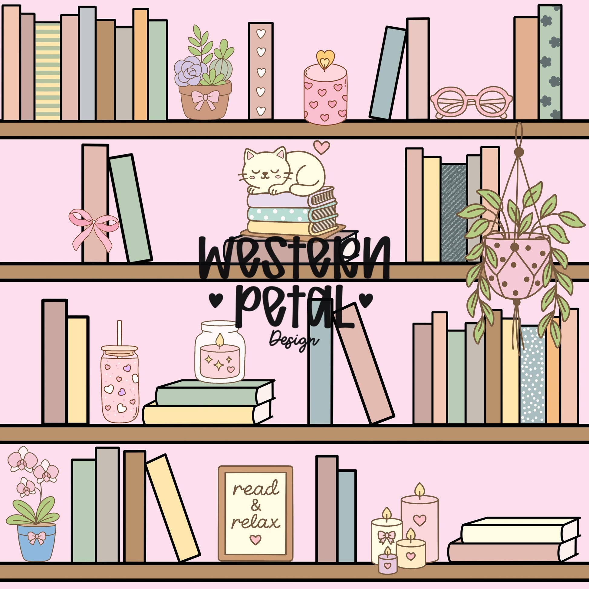 Pink Bookshelf Seamless Pattern PNG, Cozy Bookish Cat Digital Paper, Library Reading Pattern, Pastel Plant Books Design, 12x12 Sublimation