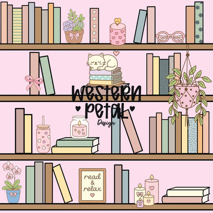 Pink Bookshelf Seamless Pattern PNG, Cozy Bookish Cat Digital Paper, Library Reading Pattern, Pastel Plant Books Design, 12x12 Sublimation