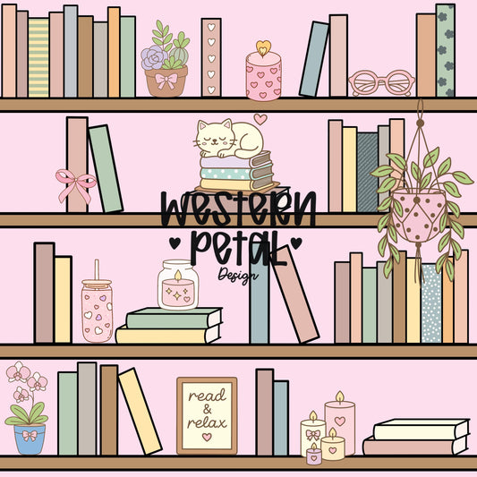 Pink Bookshelf Seamless Pattern PNG, Cozy Bookish Cat Digital Paper, Library Reading Pattern, Pastel Plant Books Design, 12x12 Sublimation