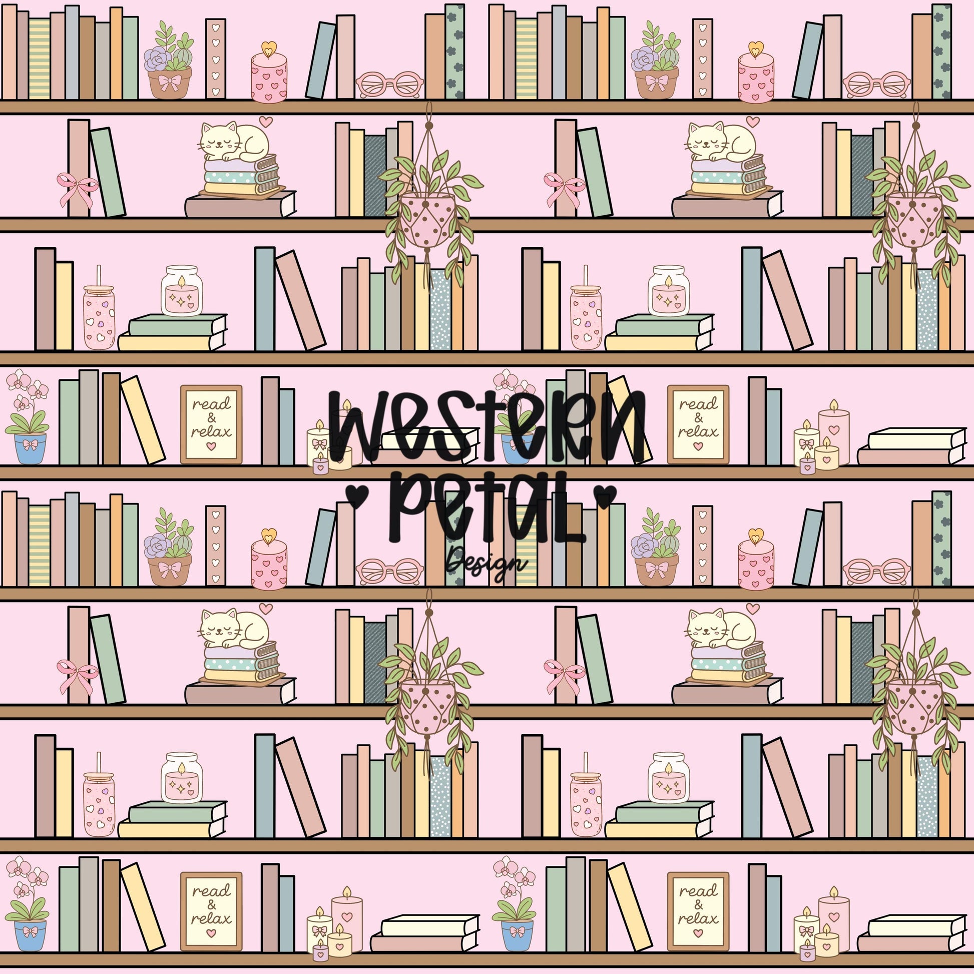 Pink Bookshelf Seamless Pattern PNG, Cozy Bookish Cat Digital Paper, Library Reading Pattern, Pastel Plant Books Design, 12x12 Sublimation