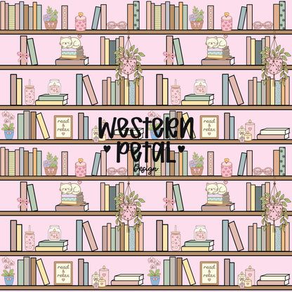 Pink Bookshelf Seamless Pattern PNG, Cozy Bookish Cat Digital Paper, Library Reading Pattern, Pastel Plant Books Design, 12x12 Sublimation