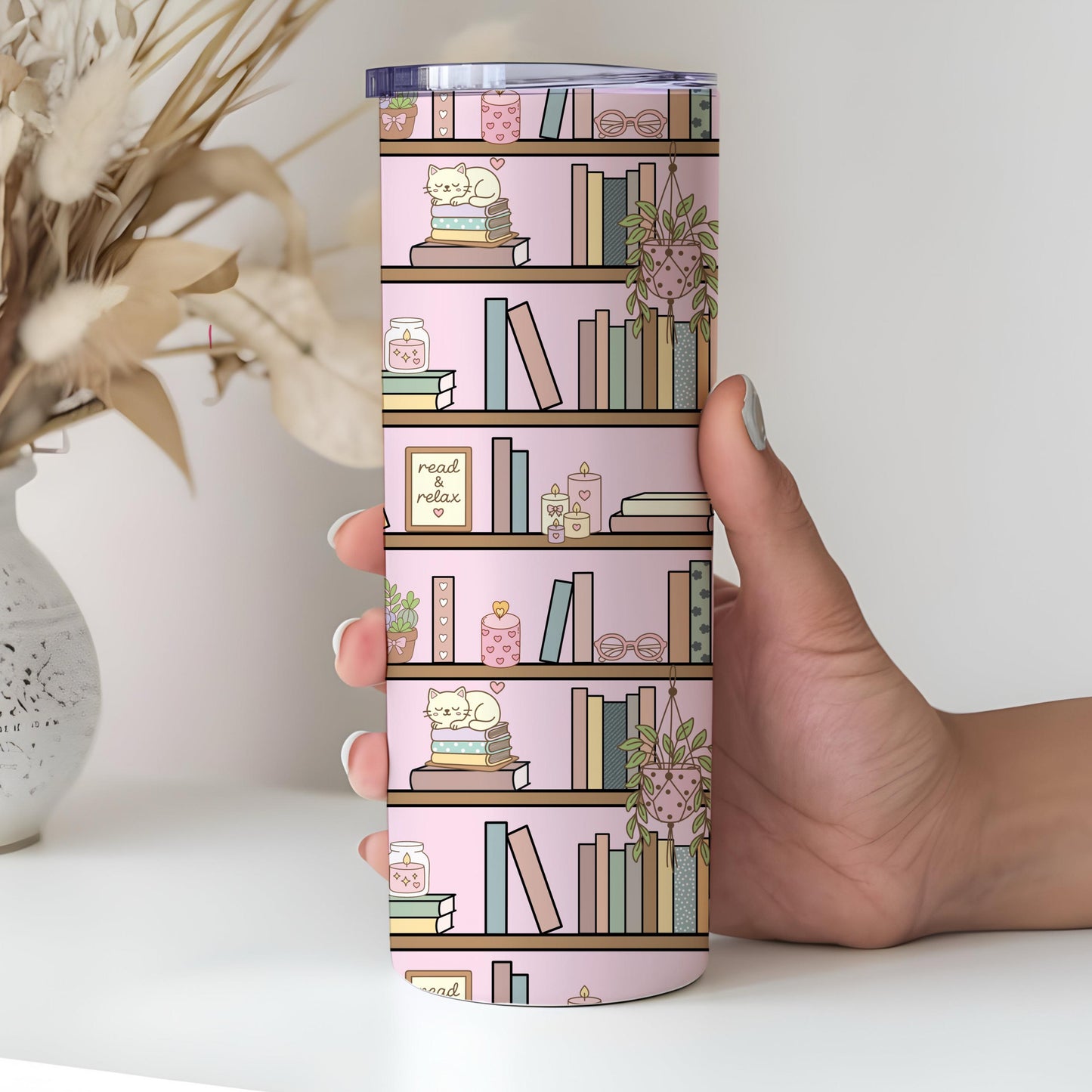 Pink Bookshelf Seamless Pattern PNG, Cozy Bookish Cat Digital Paper, Library Reading Pattern, Pastel Plant Books Design, 12x12 Sublimation
