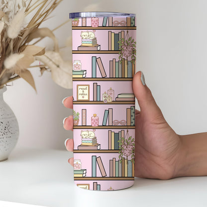 Pink Bookshelf Seamless Pattern PNG, Cozy Bookish Cat Digital Paper, Library Reading Pattern, Pastel Plant Books Design, 12x12 Sublimation