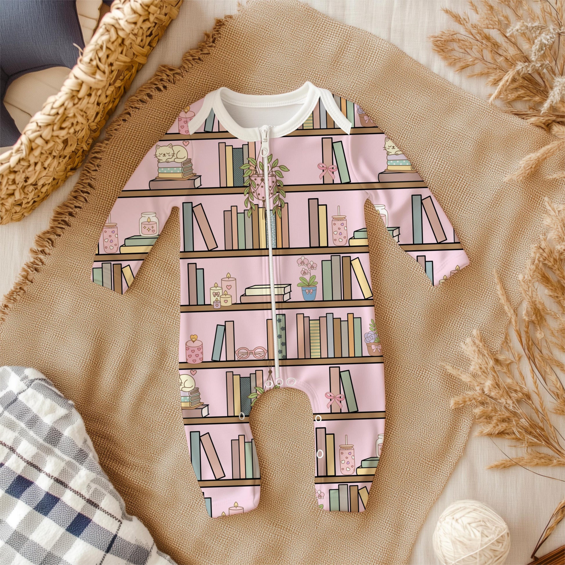 Pink Bookshelf Seamless Pattern PNG, Cozy Bookish Cat Digital Paper, Library Reading Pattern, Pastel Plant Books Design, 12x12 Sublimation
