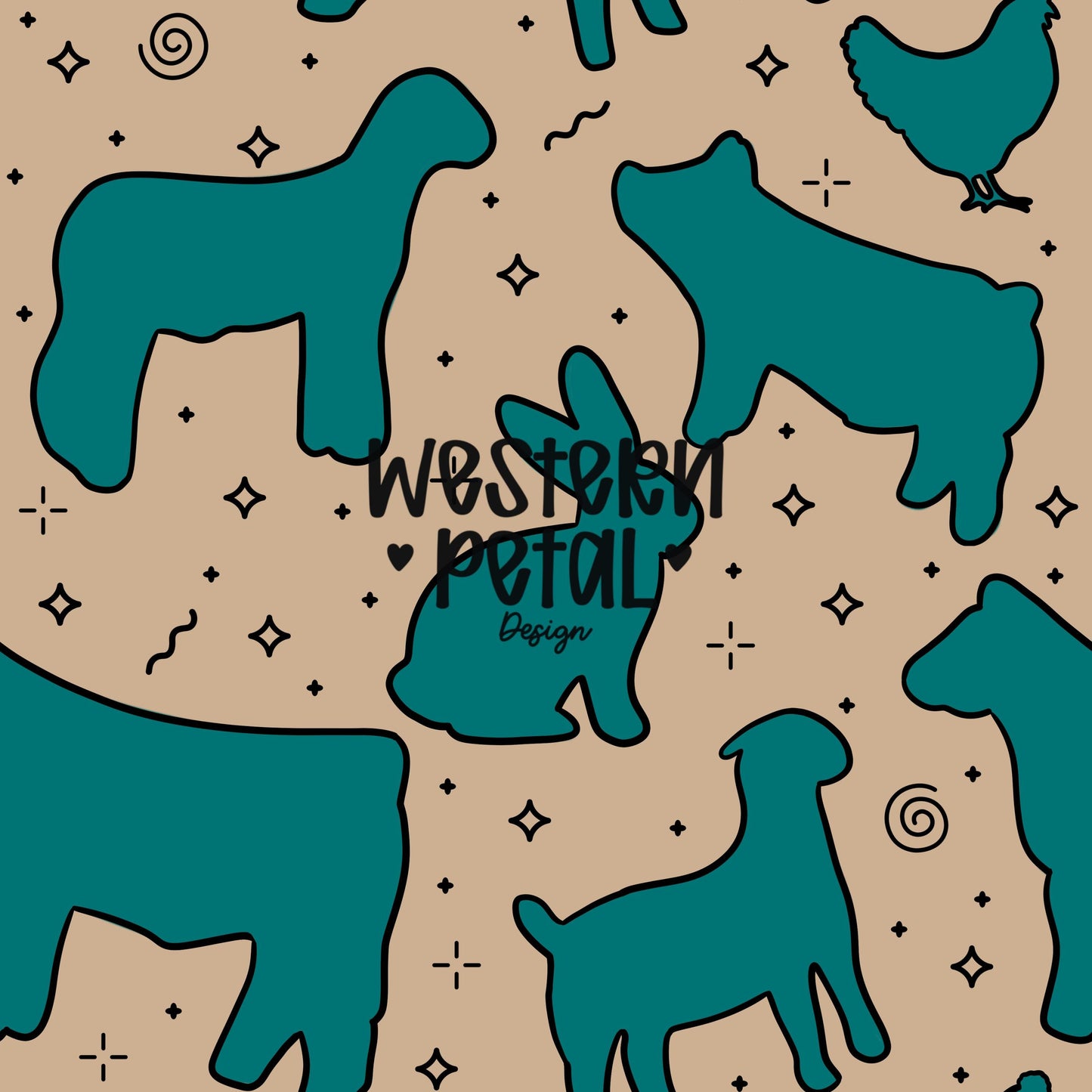 4H Livestock Seamless Pattern Turquoise Farm Animals Show Barn Boho Digital Download