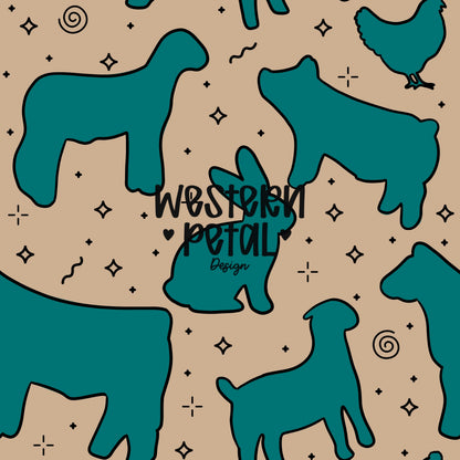 4H Livestock Seamless Pattern Turquoise Farm Animals Show Barn Boho Digital Download