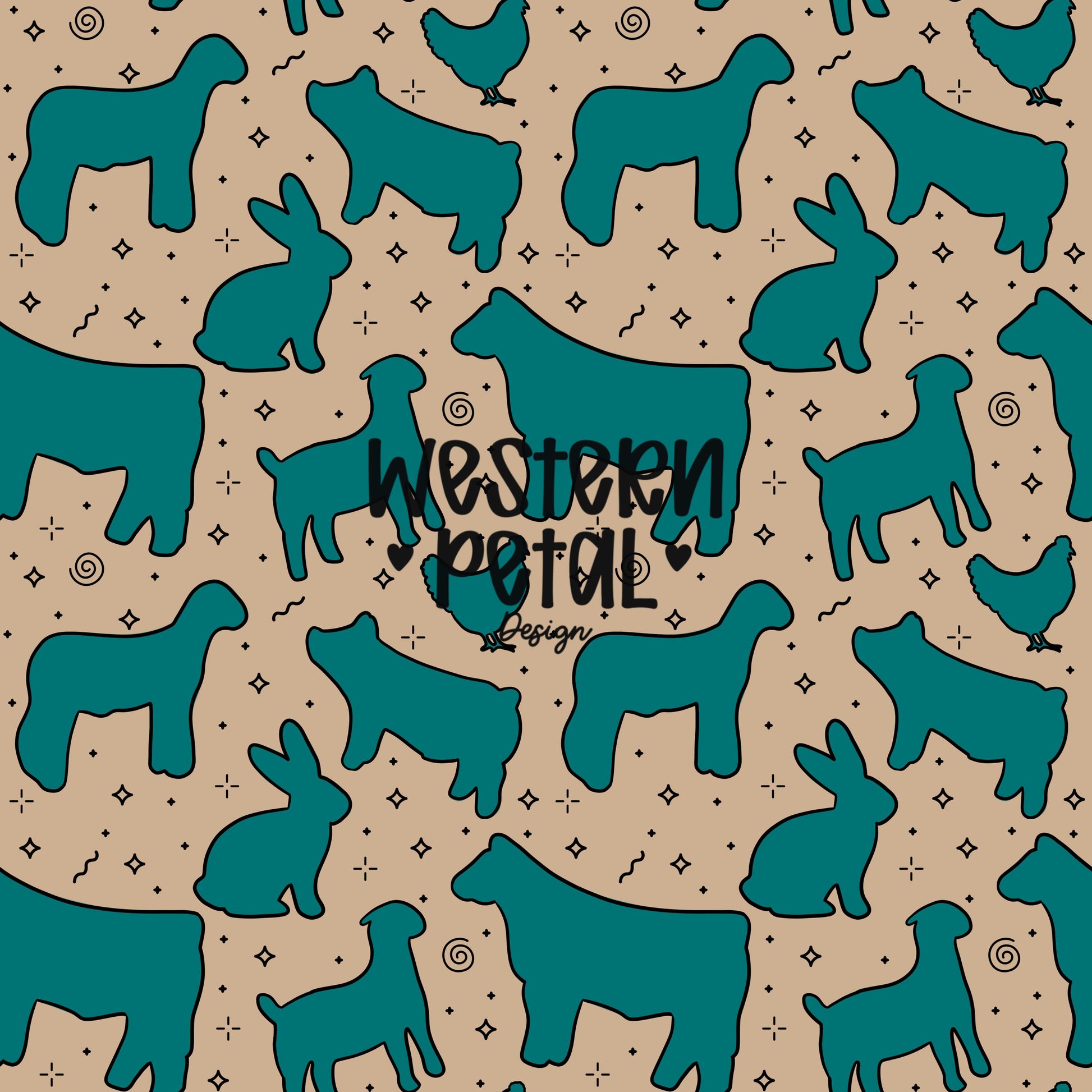 4H Livestock Seamless Pattern Turquoise Farm Animals Show Barn Boho Digital Download