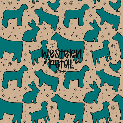 4H Livestock Seamless Pattern Turquoise Farm Animals Show Barn Boho Digital Download