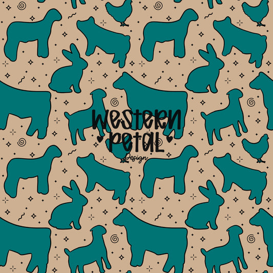 4H Livestock Seamless Pattern Turquoise Farm Animals Show Barn Boho Digital Download