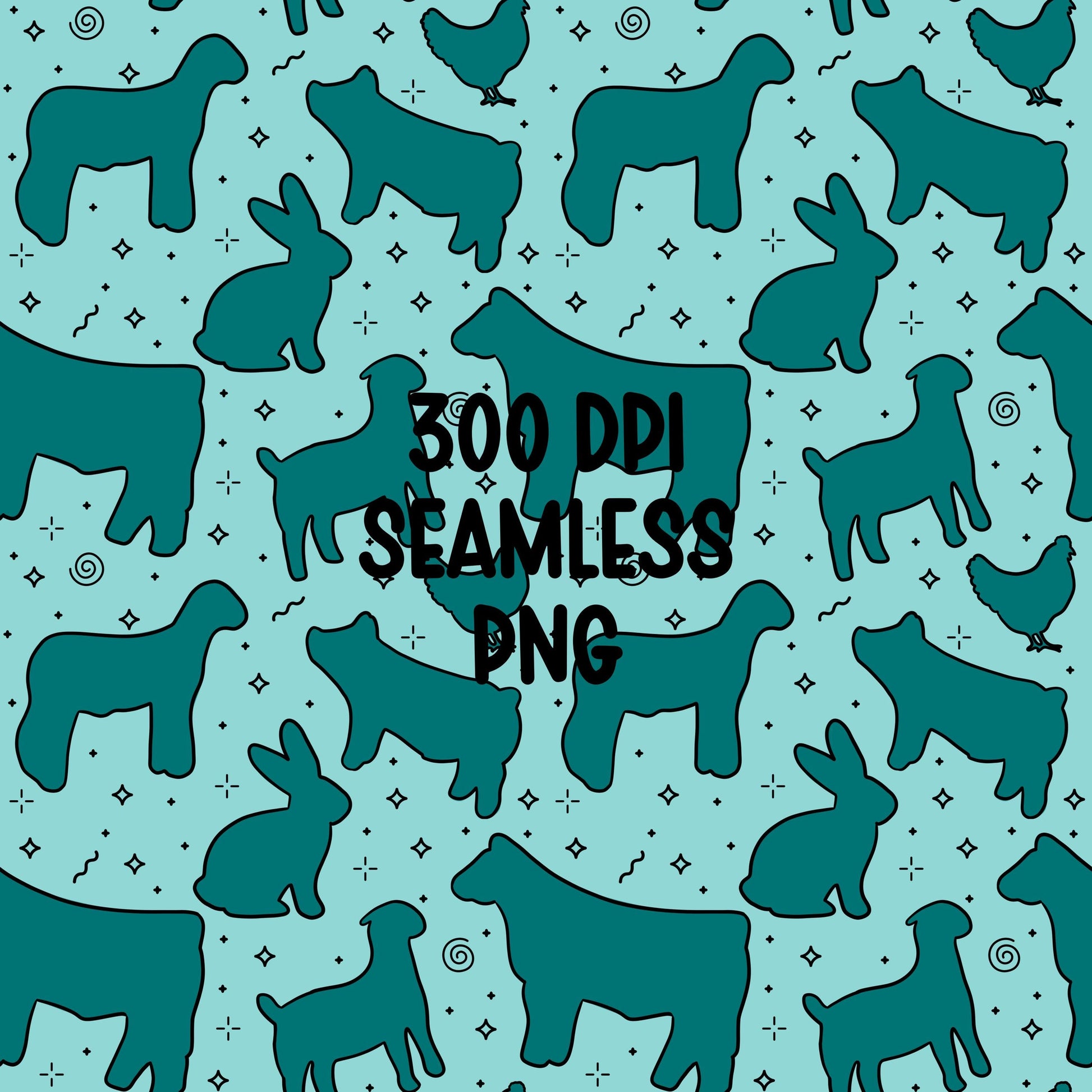 4H Livestock Seamless Pattern Turquoise Farm Animals Show Barn Boho Digital Download