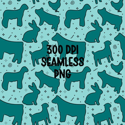 4H Livestock Seamless Pattern Turquoise Farm Animals Show Barn Boho Digital Download