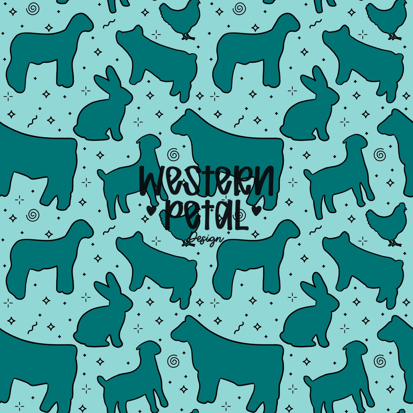 4H Livestock Seamless Pattern Turquoise Farm Animals Show Barn Boho Digital Download