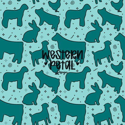 4H Livestock Seamless Pattern Turquoise Farm Animals Show Barn Boho Digital Download