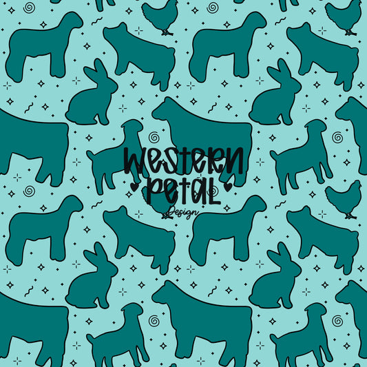 4H Livestock Seamless Pattern Turquoise Farm Animals Show Barn Boho Digital Download