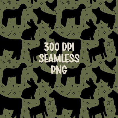 4H Livestock Seamless Pattern Green Farm Animals Show Barn Boho Digital Download