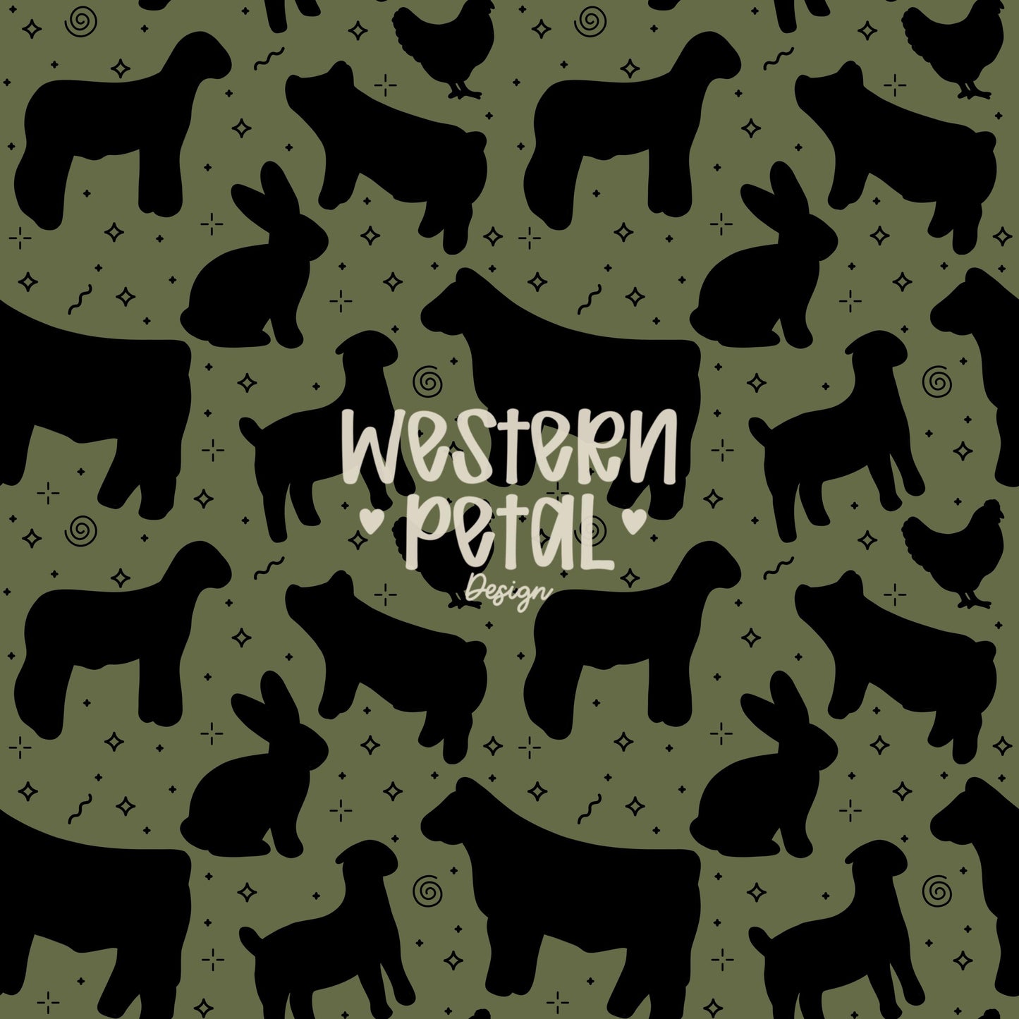 4H Livestock Seamless Pattern Green Farm Animals Show Barn Boho Digital Download